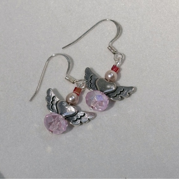 Handmade Pink Heart Wings Angel Earrings Glass & Faux Pearls Dainty Silver Tone - Picture 3 of 8
